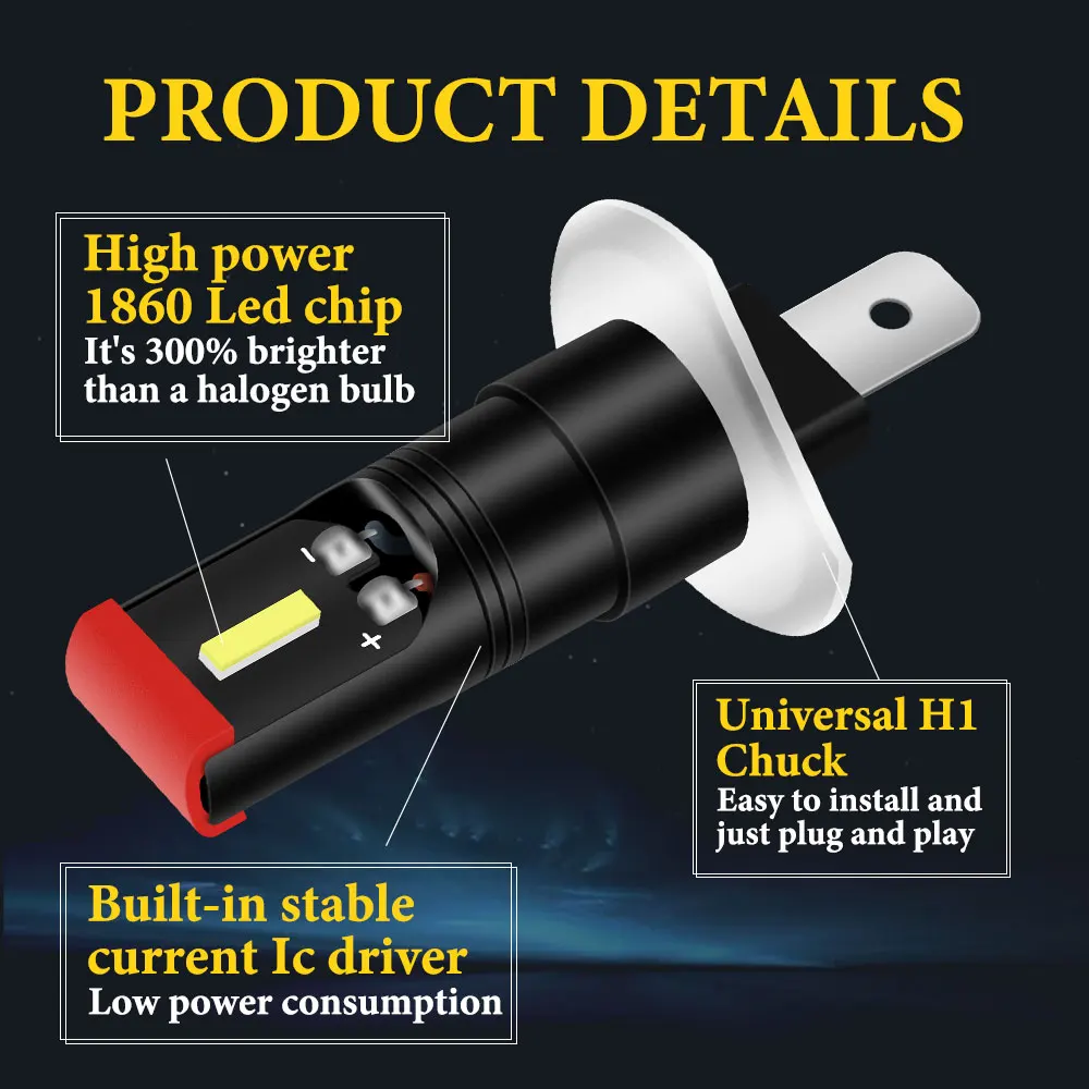 2개입 H1 LED 전구 H3 LED 램프 881 LED 초고휘도 자동차 안개등 주간 주행등 12V 6000K 백색 3500K 황금색 조명