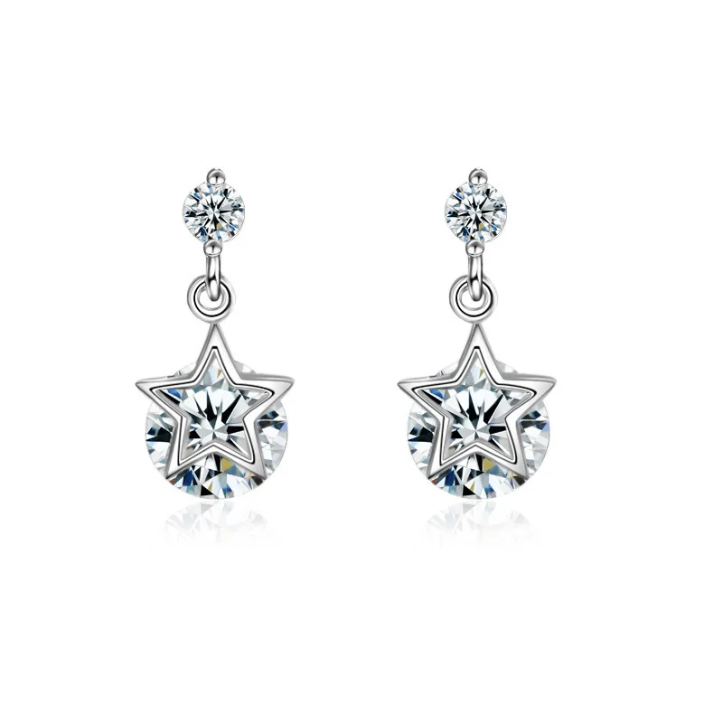 925 Sterling Silver Trendy Star Crystal Stud Earrings For Women Girls