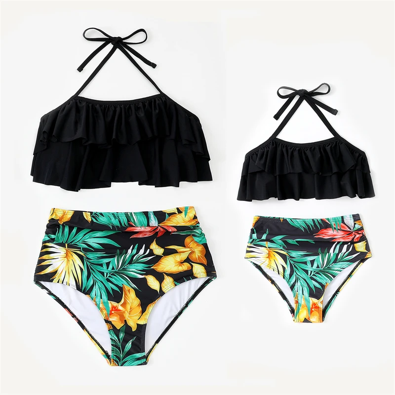 

Ruffled Mother Daughter Matching Swimsuits Family Set Leaf Mommy and Me Swimwear Clothes Highwaist Women Girls Beachwear Dresses