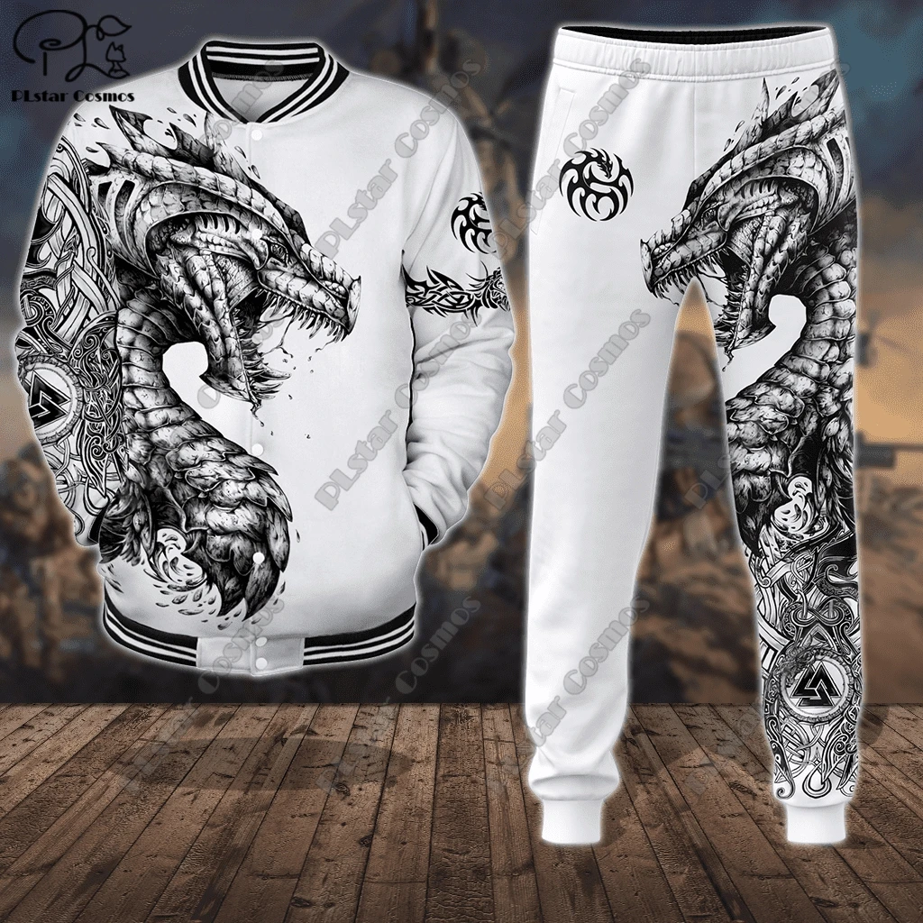 

Combo Baseball Jacket + Track Pants Black King Dragon Lion 3D Pattern Design Aviator Full Snap Button Jacket Unisex