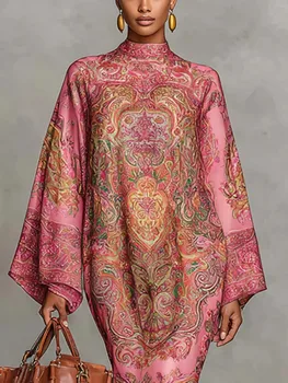 UOOZEE Women's Vintage Elegant Printed High Neck Kaftan Dress Long Sleeves Loose Elegant Evening Midi Dresses Robe 2026 New 1