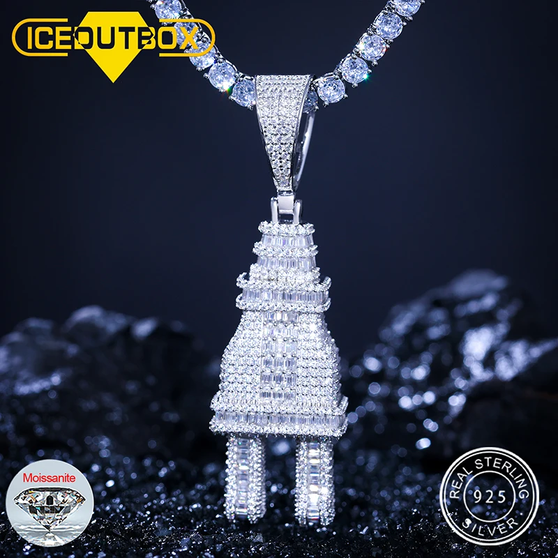 Mens Iced Out Bling Bling Moissanite Plug Pendant Necklace Charm
