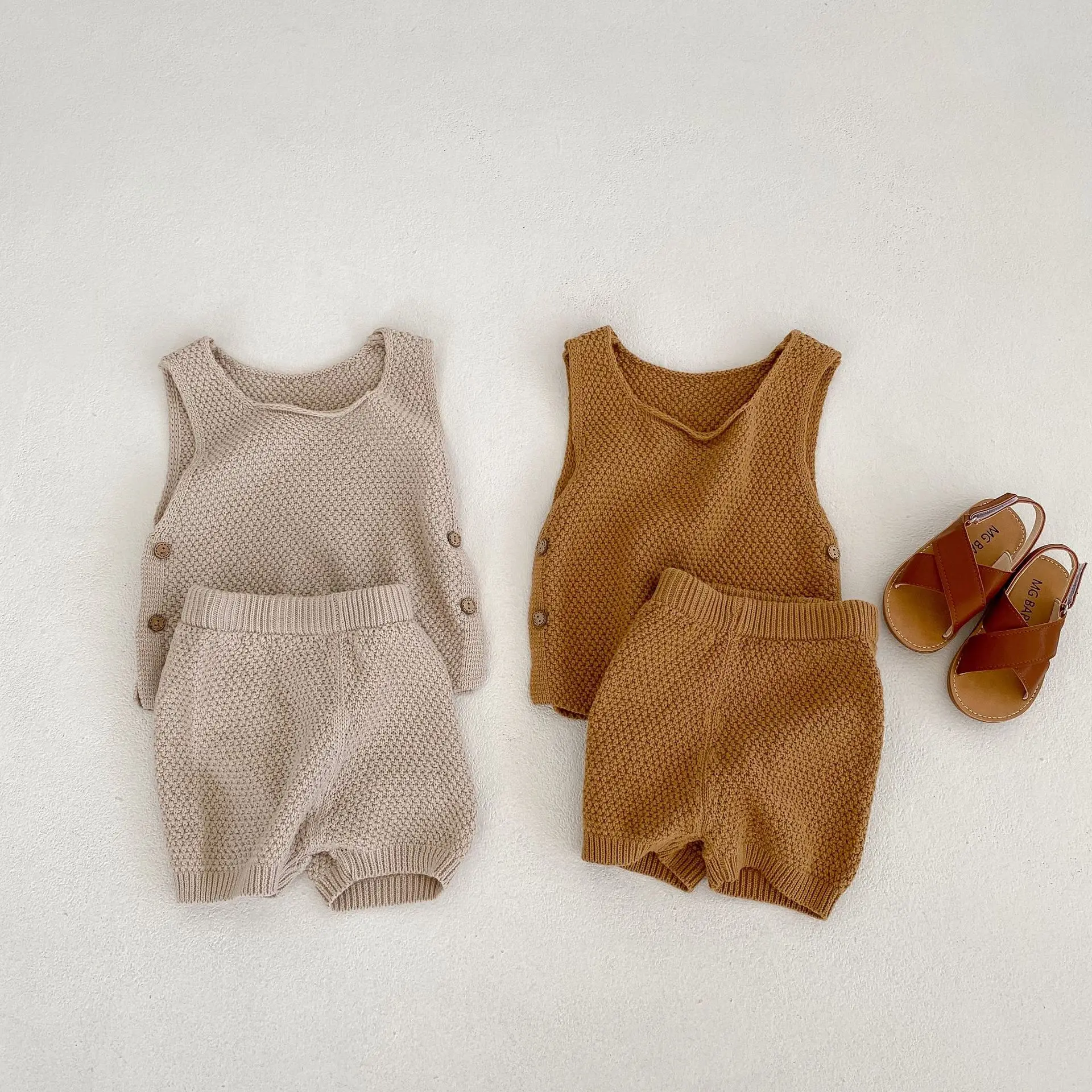 

Knitted Baby Clothing Sets 2023 Spring Summer Thin Knitwear Vest Sleeveless Tops+Shorts Toddler Baby Boys Girls Two Piece Suit