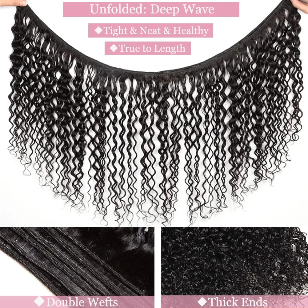 Deep Wave Bundles Human Hair Bundles Remy Hair Deep Curly Weave 3 Extensions Natural Color Extension 14-30 Inches