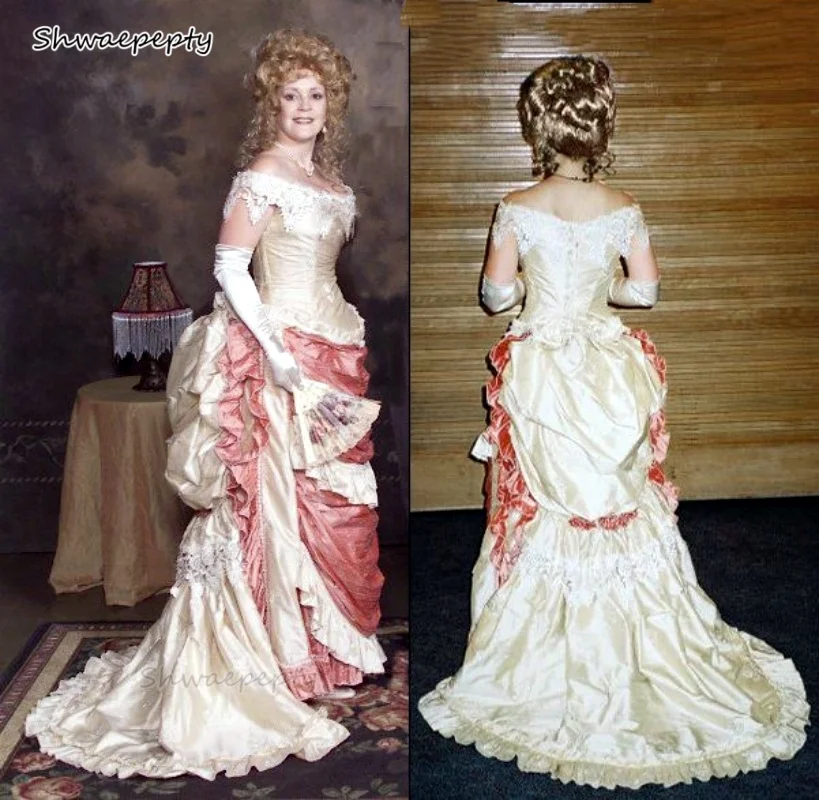 Vintage Victorian Bustle Prom Dresses Ruched Taffeta Long Medieval Evening Gowns Off-Shoulder Customized Women Elegant Costume