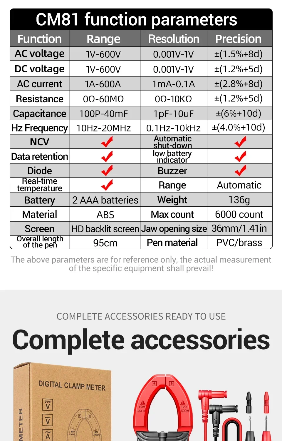 ANENG CM81 Digital Clamp Multimeter - AC/DC Voltage, Current, Resistance, Capacitance, and Diode Tester High-performance, auto-ranging digital clamp multimeter for precise measurements of AC/DC voltage, current, resistance, capacitance, and diode testing. High-performance, auto-ranging digital clamp multimeter for precise measurements of AC/DC voltage, current, resistance, capacitance, and diode testing. Sf9aba89ed1864b16973d7e934ca0c7b9w -