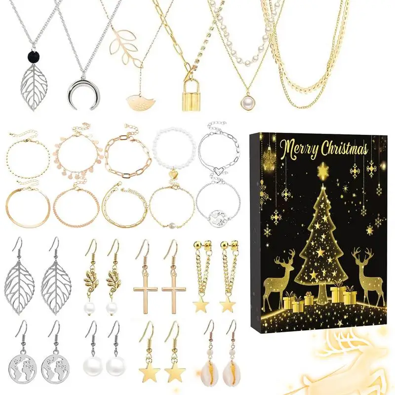 Christmas Advent Necklace Gift Box 24 Days Christmas Countdown Jewelry Earrings Surprise Gift Box Girls Princess Bracelet