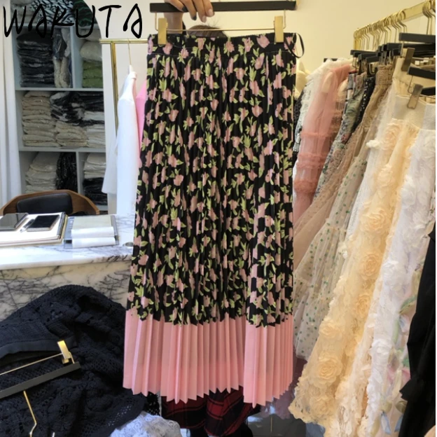 

WAKUTA Korean Pleated Printing Skirts Womens 2024 Spring Summer Color Block Elastic High Waist Causal A-line Skirt Mujer Faldas