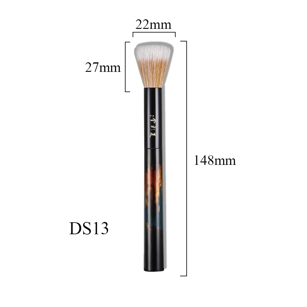 DS13 프로페셔널 수제 메이크업 브러쉬 작은 플랫 탑 스티플링 블러셔 브러쉬 부드러운 염소털 생라커 핸들 메이크업 브러쉬