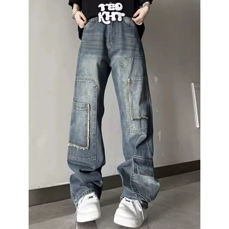 

Men Women American High Street Retro Washed Pantalon Fur Edge Multi Pocket Straight Leg Jean Niche Trend Baggy Casual Denim Pant