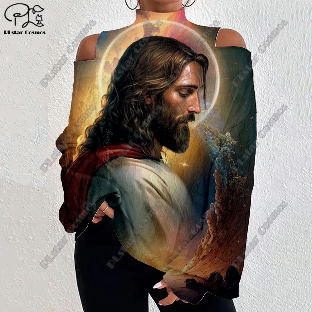 

3D Printed Halloween Horror Death Cross Jesus Pattern Women's Lantern Sleeve Off Shoulder Textured Casual Long Sleeve w-4
