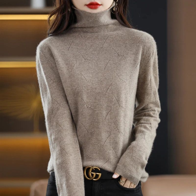 

New Autumn And Winter Pile Collar Sweater Women's 100% Pure Wool Loose Joker Sweater Slim Knit Bottoming Shirt