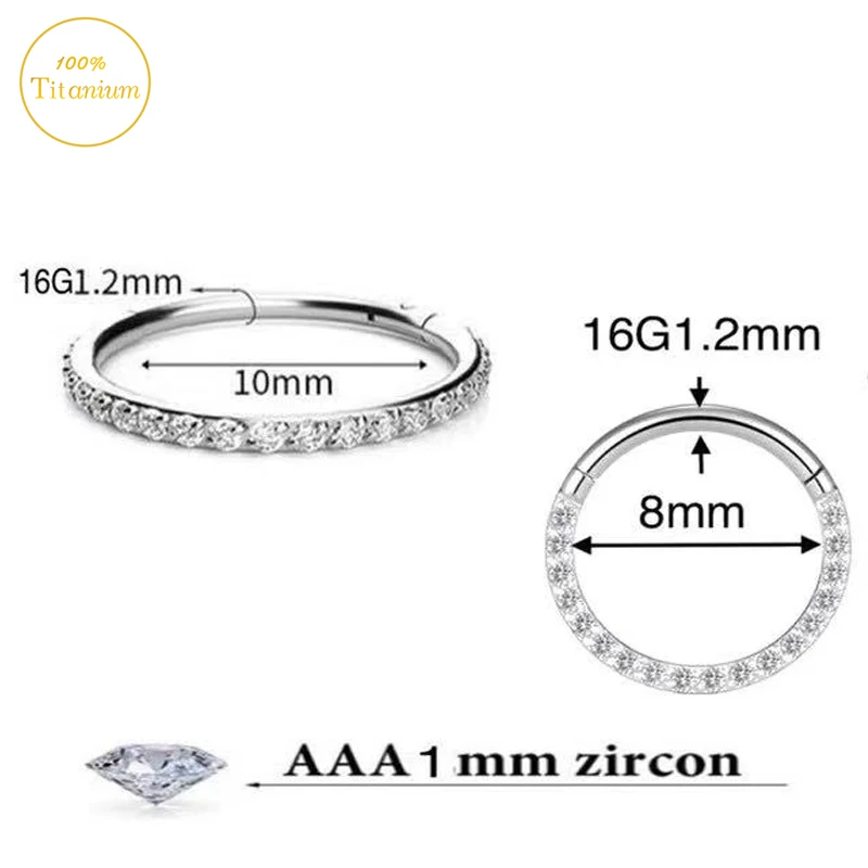 G23 Titanium Ear Piercing Earrings Zircon Hight Segment Clickers Septum Nasal Ring Cartilage Tragus Helix Lip Piercing Jewelry