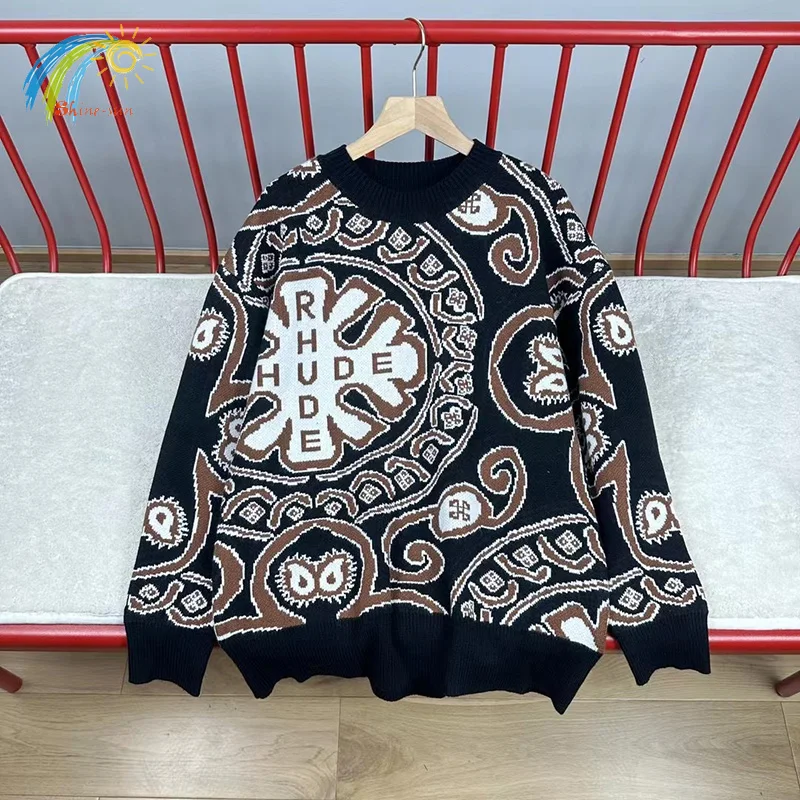 

23FW High Quality Vintage Cashew Logo Jacquard Rhude Sweater Men Women Loose Rhude Knitted Sweatshirts Pullover Inside Tags
