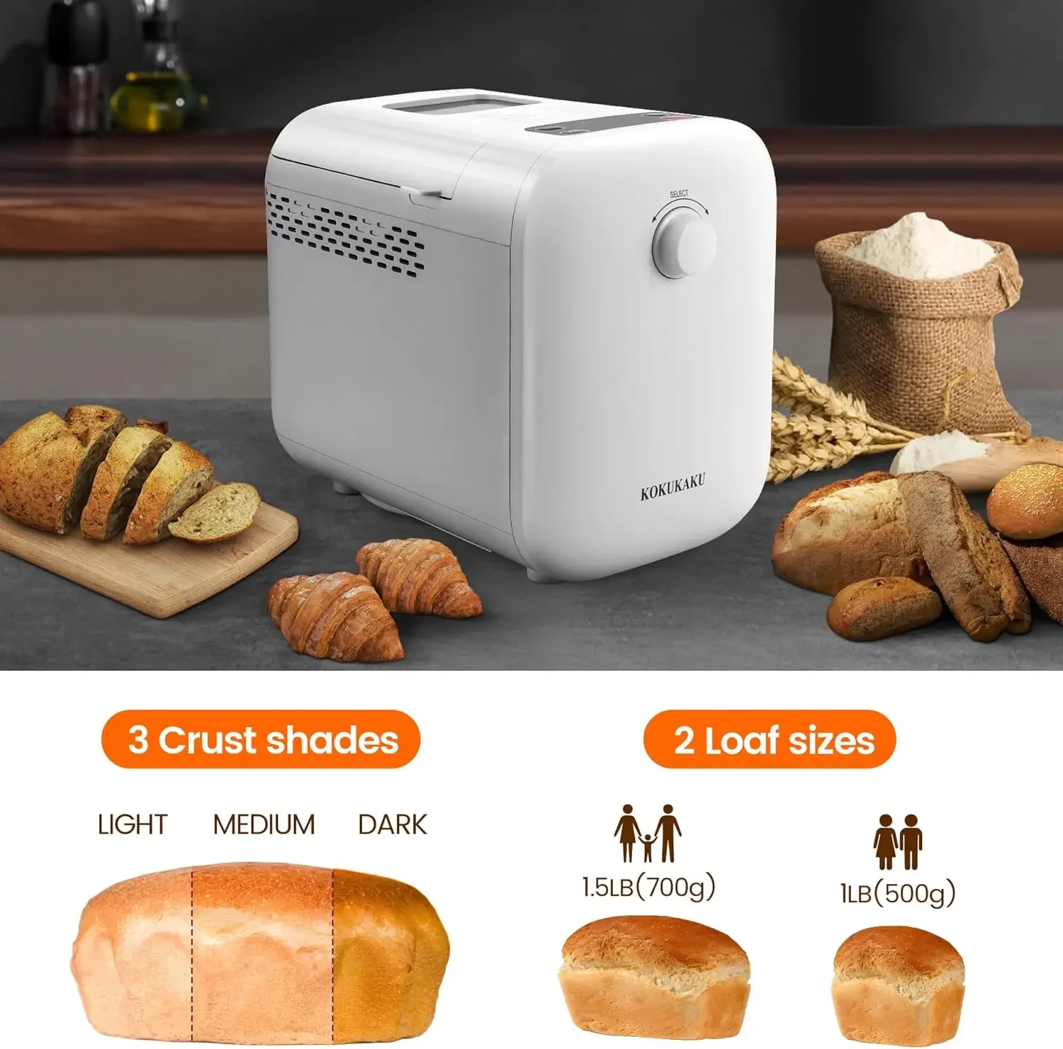 Automatic Bread Maker Machine, 1LB/1.5LB Programmable 2 Loaf Sizes, 3 Crust Colors, Small Digital Home Bakery with Dough, Cake, 3