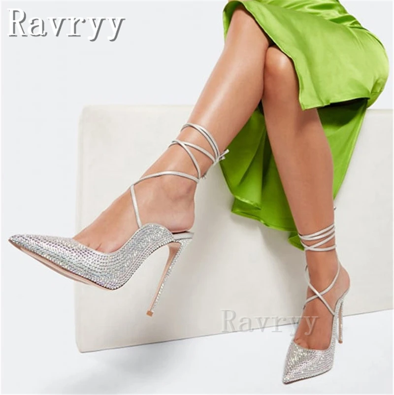 

Pointed Toe Stiletto Heels Rhinestone Sandals Hot Sell Women Shoes Thin High Heel Ankle Strap Femle Sexy Party Pumps