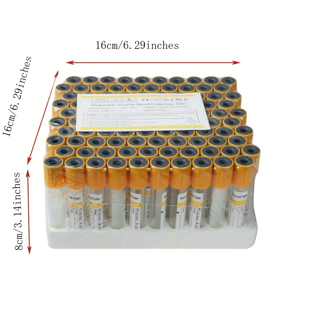 100 Pieces PET 3ML/5ML Laboratory Centrifuge Tube Yellow Hat Vacuum Collection Tube Gel and Clot Activator 12 X 75mm