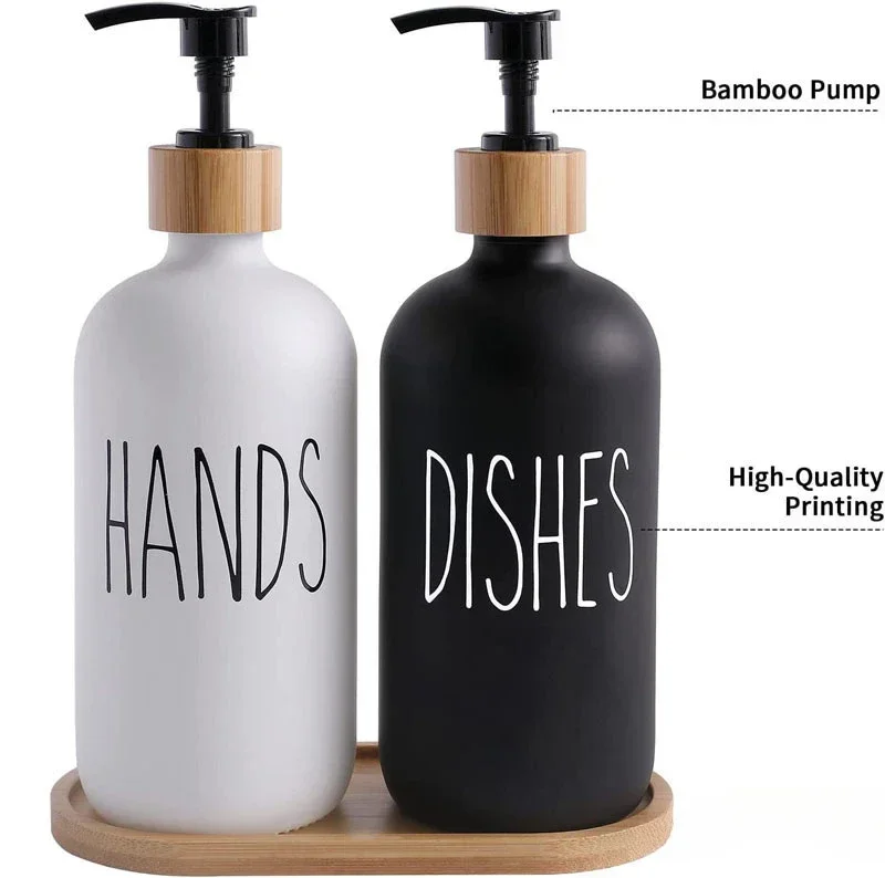 500ML สีขาว/สีดำสบู่มือ&เครื่องจ่ายสบู่ล้างจานพร้อมไม้/ปั๊มพลาสติกขวดเปล่าเคาน์เตอร์ครัวห้องน้ำโลชั่นคอนเทนเนอร์ 1