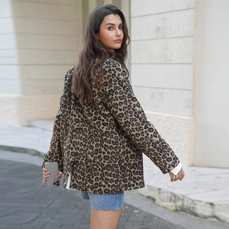 Fall Leopard Print Jacket Blazer Women Lapel One Button Long Sleeve Loose Coat Female Fashion All-matching New in Outwears
