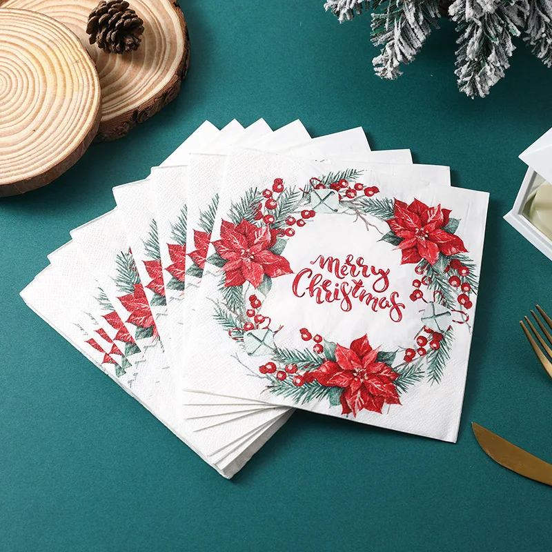 10/20 Stück Weihnachtskollektion Servietten Weihnachtsblumen Kränze Bunt bedrucktes Papier Tischsets Schmetterlingsknochen Bartpapier – Detail 2