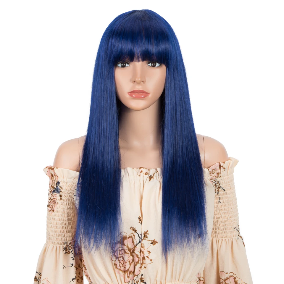 Long Royal Blue Straight 100% Human Hair Wigs With Bangs Brazilian Remy Hair Halloween Cosplay Wigs