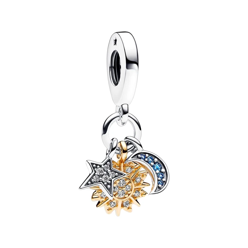 Celestial Triple Pendenti Charms Per Gioielli Da Donna Shine Gold Sun 925 Sterling Silver Crescent Moon Star Clear Cz Blue Crystals