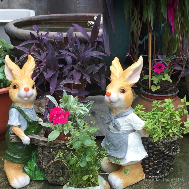 Resin Cartoon Rabbit Cart Flower Pot Decoration, Outdoor Lawn Sculpture, Creative Simulation Craft, New Garden Decoration, 1Pc