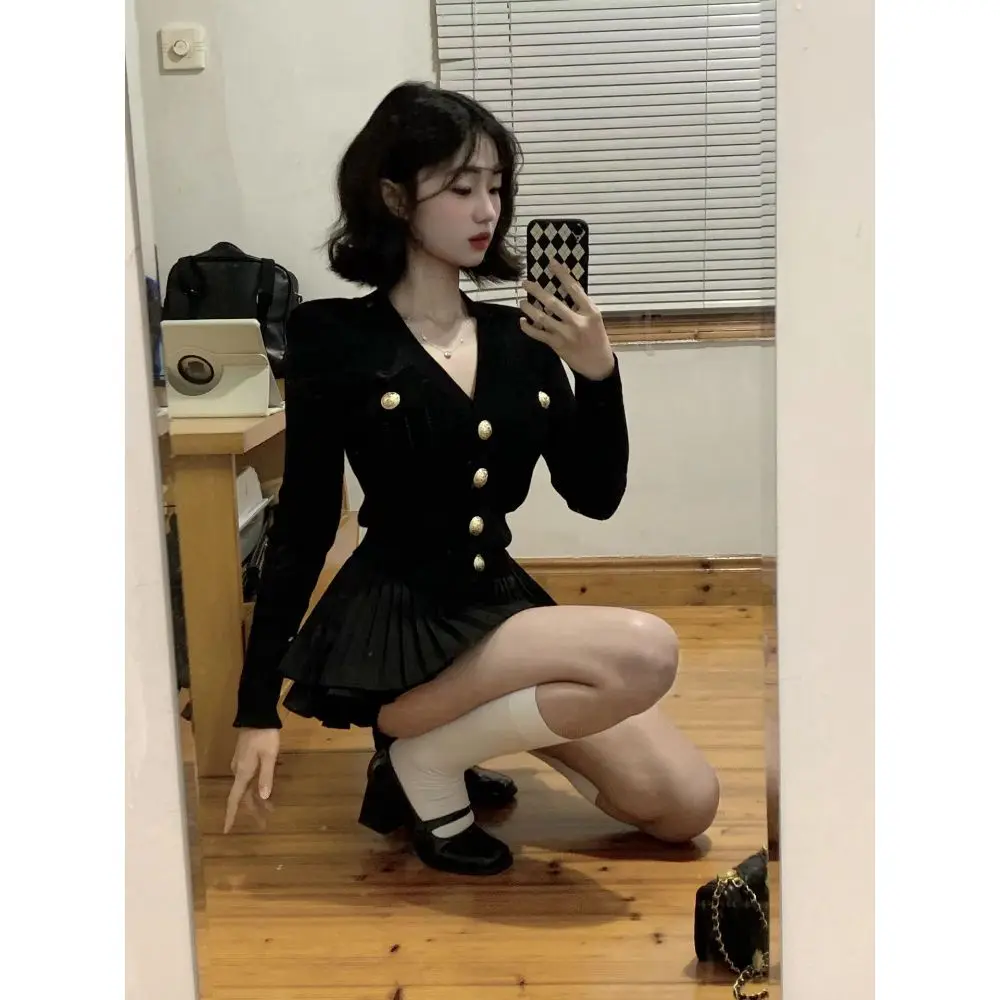 Autumn Korean Fashion Knitted Two-piece Skirt Set Women Casual Single Breasted V-neck Sweater Mini Ruffles Skirt Y2K New Outfits