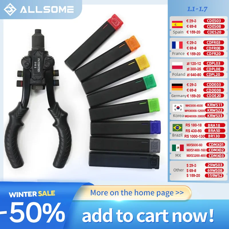 Allsome 3 in 1 Manual Ram Gun Riveting Nut Gun Riveter Reaming Powerful M3-M10 Nut Kit Multi Reaming