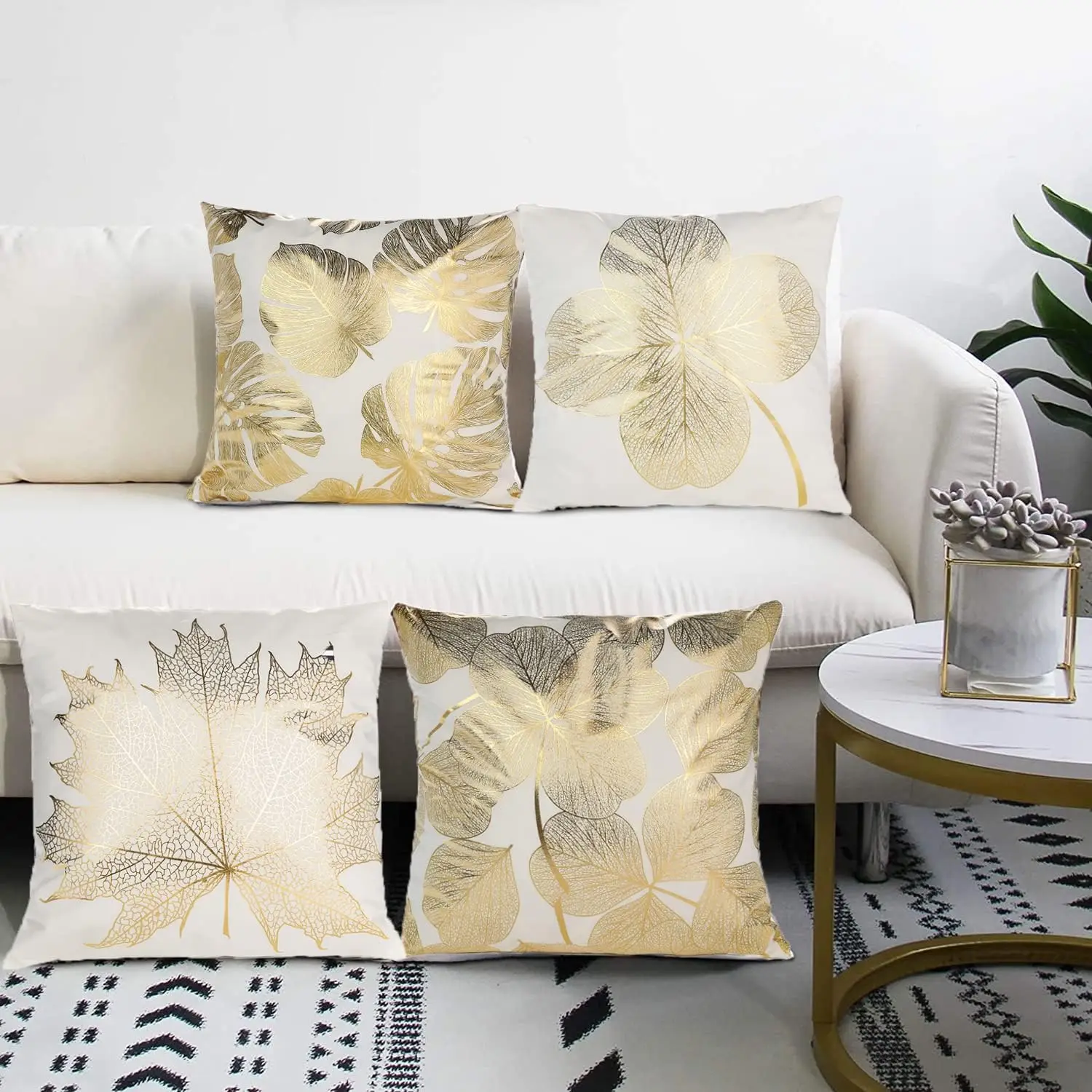 Throw Pillow Cover Golden Leaf Bronzing Printed 18x18 Inch Square for Living Room Bed Sofa