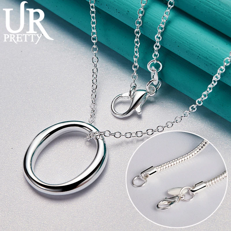 

URPRETTY 925 Sterling Silver Smooth Round Circle Pendant Necklace 16/18/20/22/24/26/28/30 Inch Chain For Woman Wedding Jewelry