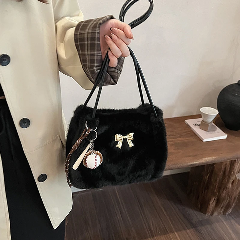 Baseball Pendant Tote Bag Solid Color Ladies Bag Stylish Bow Decor Shoulder Bag Versatile Plush Bag for Women