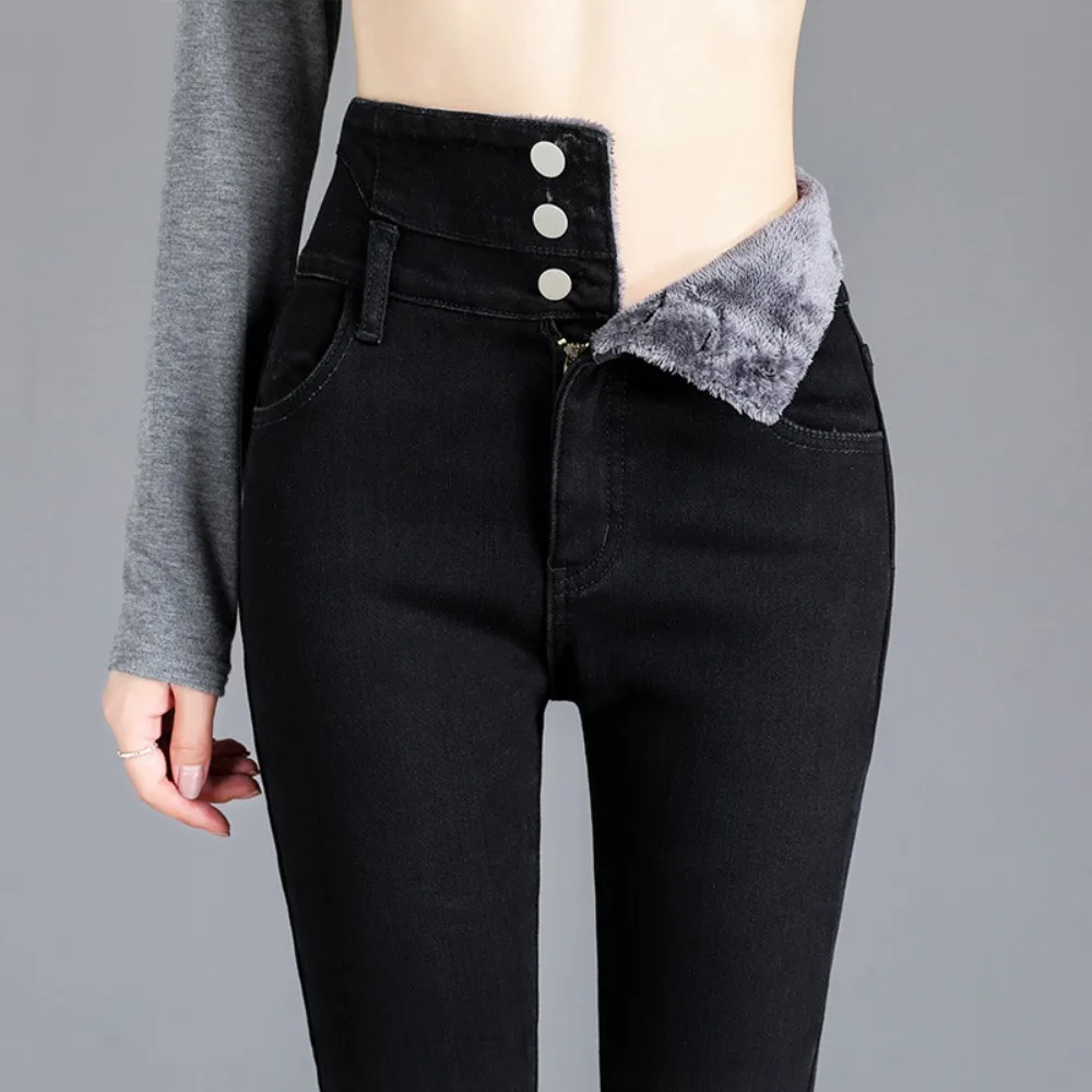 2024 New Winter Female Thicken Warm Velvet Women Skinny Jeans High Waist Stretch Fleece Warm Denim Pencil Pants Mom Jeans Women