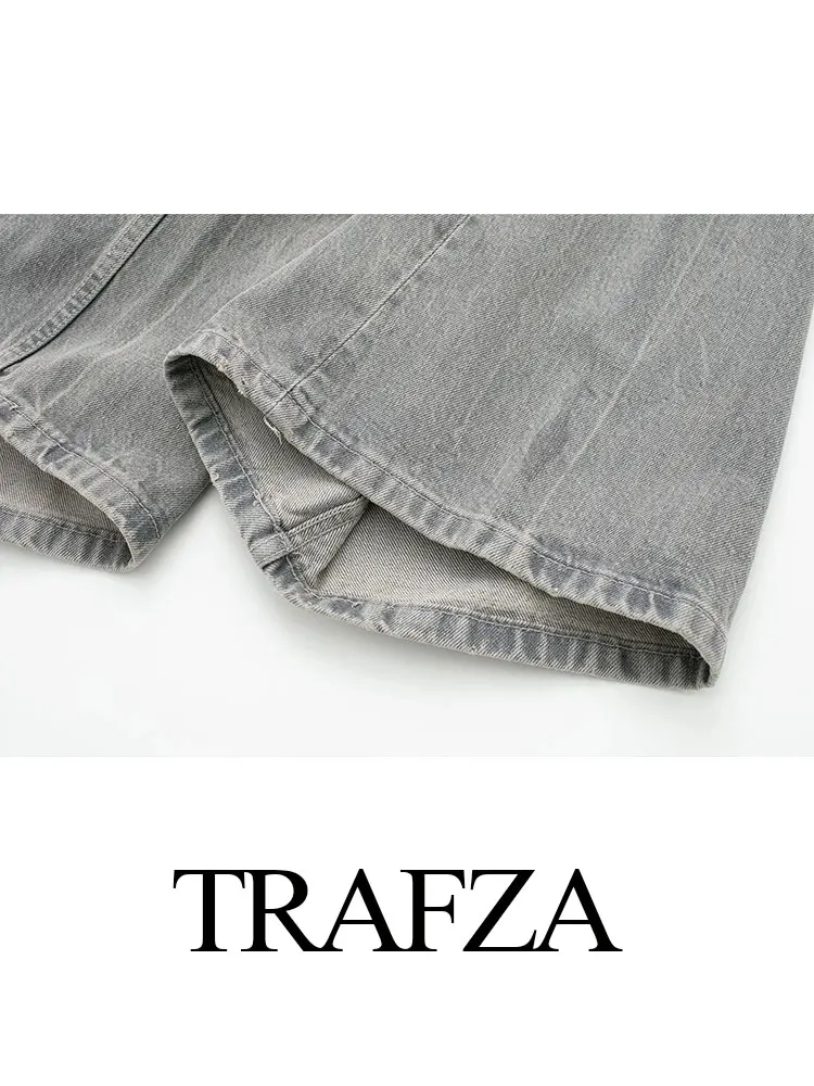 TRAFZA Denim Pant For Women Vintage Patchwork Jeans Zipper Fly Trousers 2024 Female Fashion Casual Streetwear Grey Denim Pants