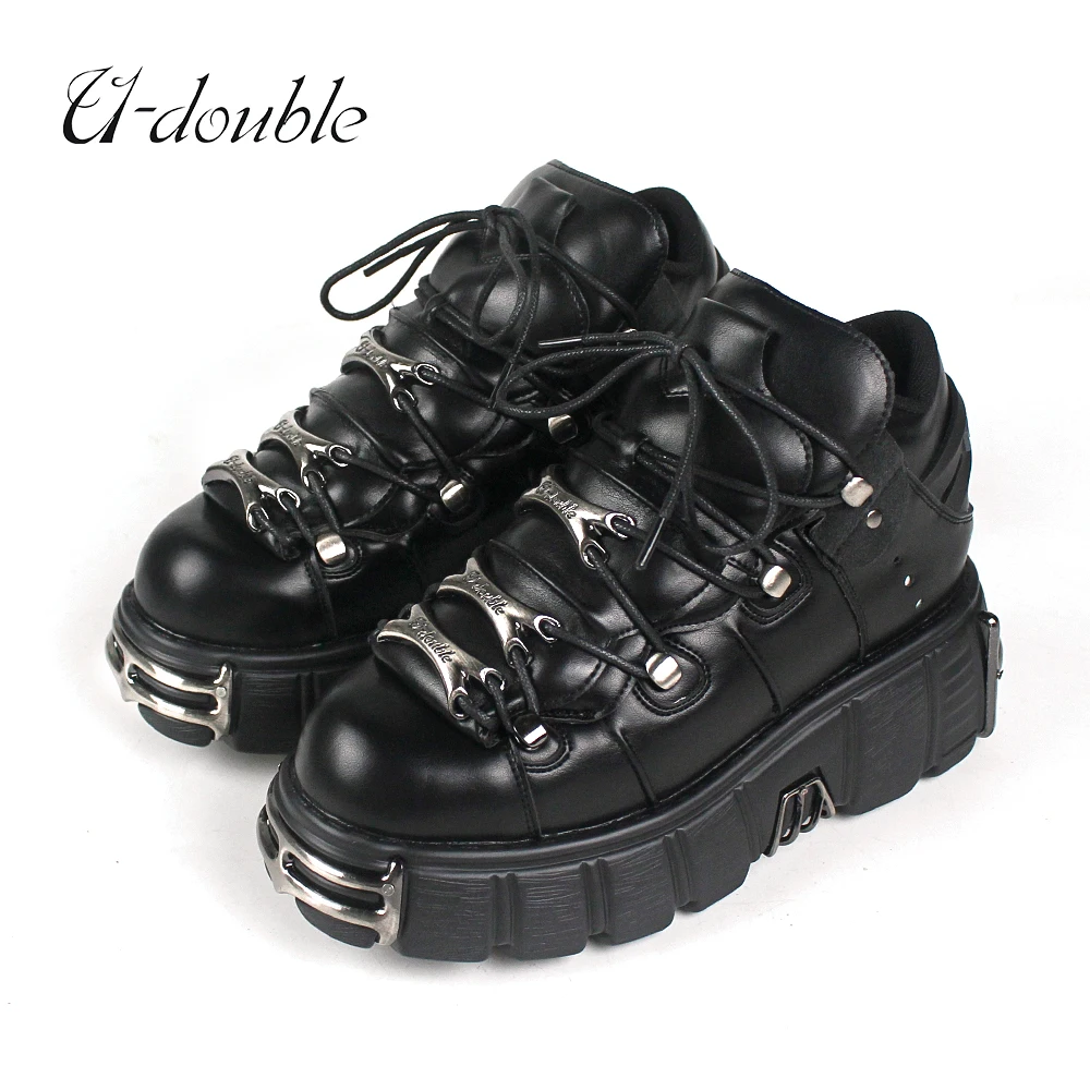 U-DOUBLE Brand Punk Style Women Shoes Lace-up heel height 6CM Platform  Shoes Woman Gothic Ankle Boots Metal Decor Woman Sneakers