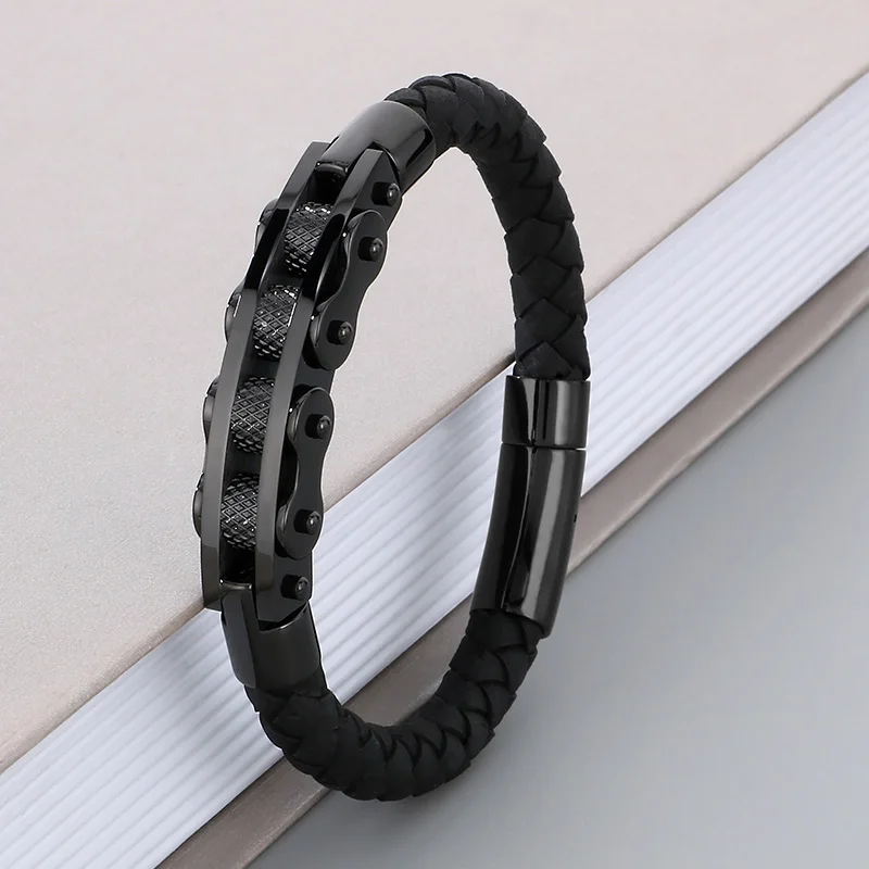 Vintage Stainless Steel Bicycle Chain Bracelet for Men Punk Woven Charm Leather Bracelet Gift Trend Party Jewelry