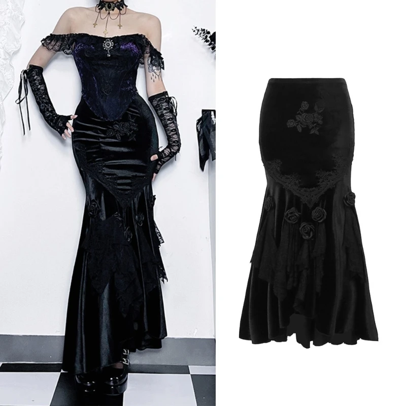 

Женская винтажная готическая юбка-готика, Жаккардовая юбка с оборками и розами в стиле стимпанк, облегающая длинная юбка-карандаш с высокой талией