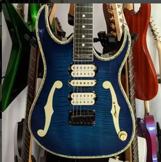 

Custom blue electric Guitar Flamed Maple top abalone shell binding ebony fingerboard signature inlaid