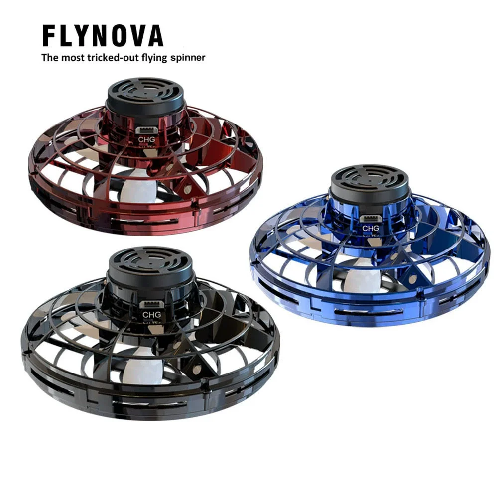 Gros plan sur le Flynova drone fly spinner avec ses leds colorées, jouet gyroscope