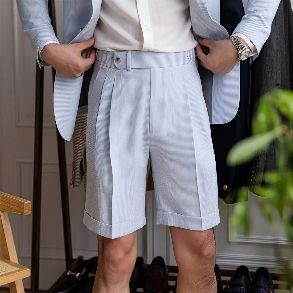 Style italien Naples costume Shorts hommes rayures bleues Seersucker taille haute Paris boucle mode angleterre affaires