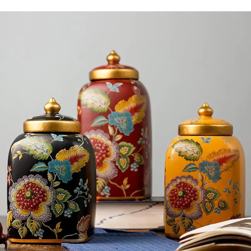 

Painted Floral Ceramic Jar Storage Jars with Lids Tea Caddy Desk Decoration Crafts Vase Flower Arrangement Vintage Home Decor