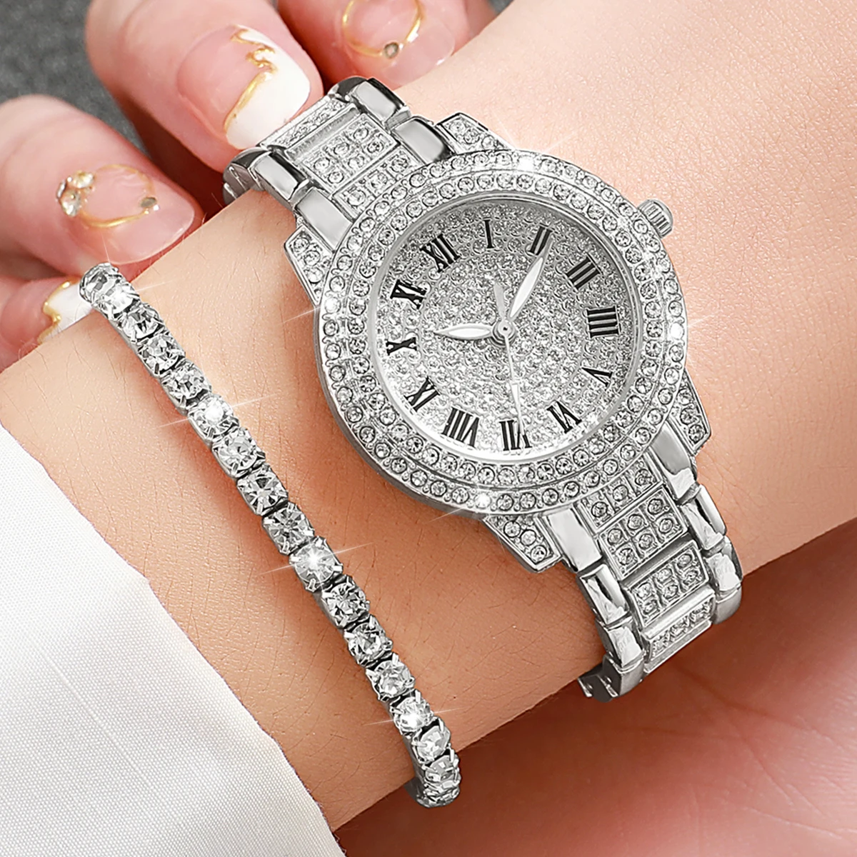 6pcs/set Women Stainless Steel Band Diamond Quartz Watch and Crystal Bracelet Set 4