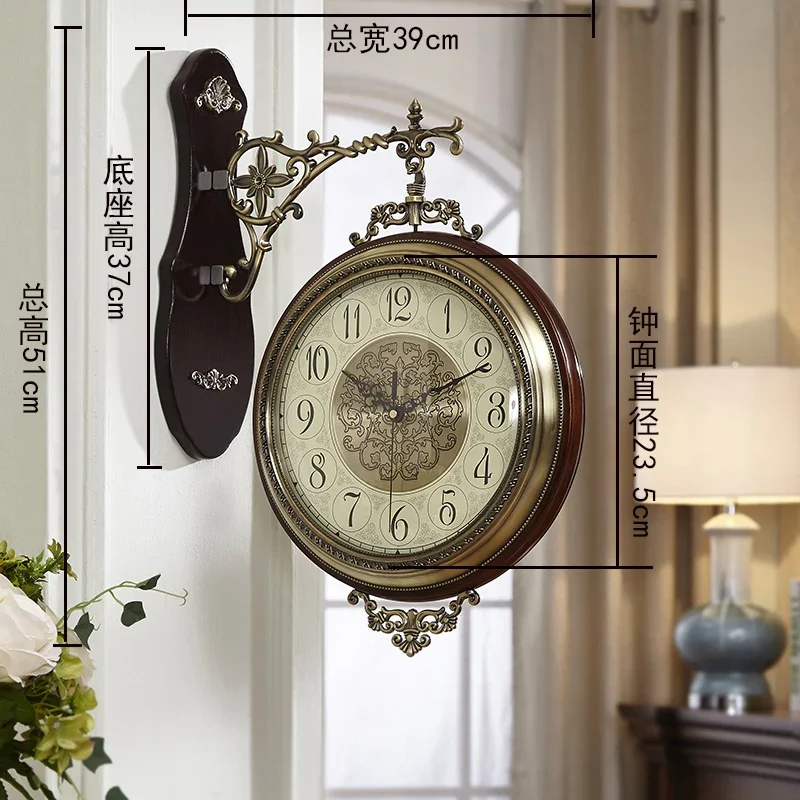 Large Double-side Wood Metal Golden Silent Wall Clock E  