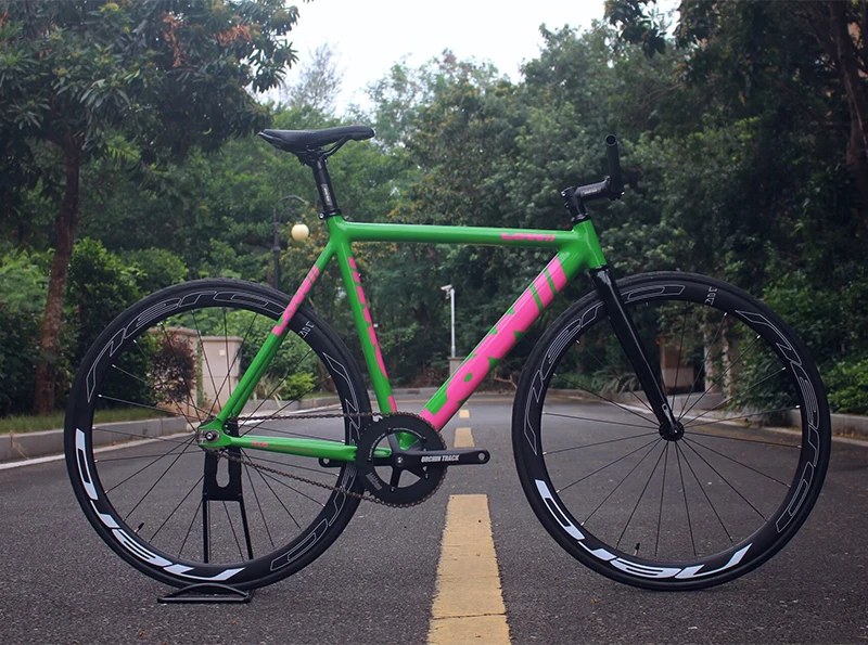 Bricolage vert rose étiquette 7005 cadre en alliage d'aluminium vélo à pignon fixe vitesse unique nouveau 53/55/58CM vélo Fixie sans freins