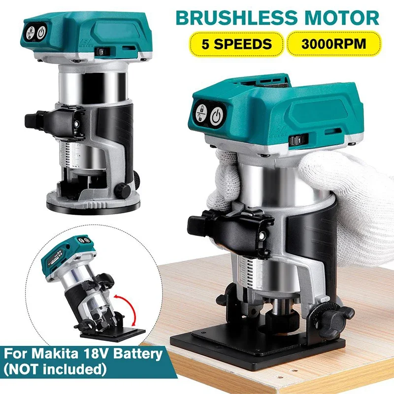 Wood Router 30000 RPM 5 Speeds Brushless Cordless Electric Hand Trimmer Inclined Socket Wood Router for 18V Lithium Battery