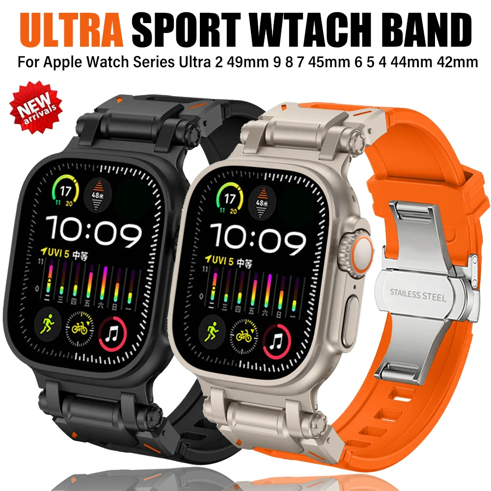 

Luxury Rubber Bracelet for Apple Watch Ultra 2 49mm 44mm Strap for IWatch Series 9 8 7 45mm 6 5 4 Se 3 2 1 42mm Soft Sports Band