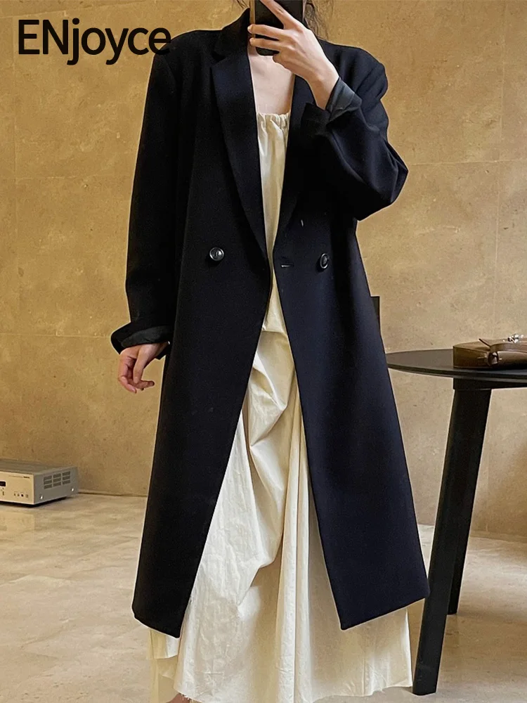 

ENjoyce Spring Fall Women Vintage One-button Long Suit Blazer Ladies Workwear Trench Coat Outerwear Korean Fashion Overcoat