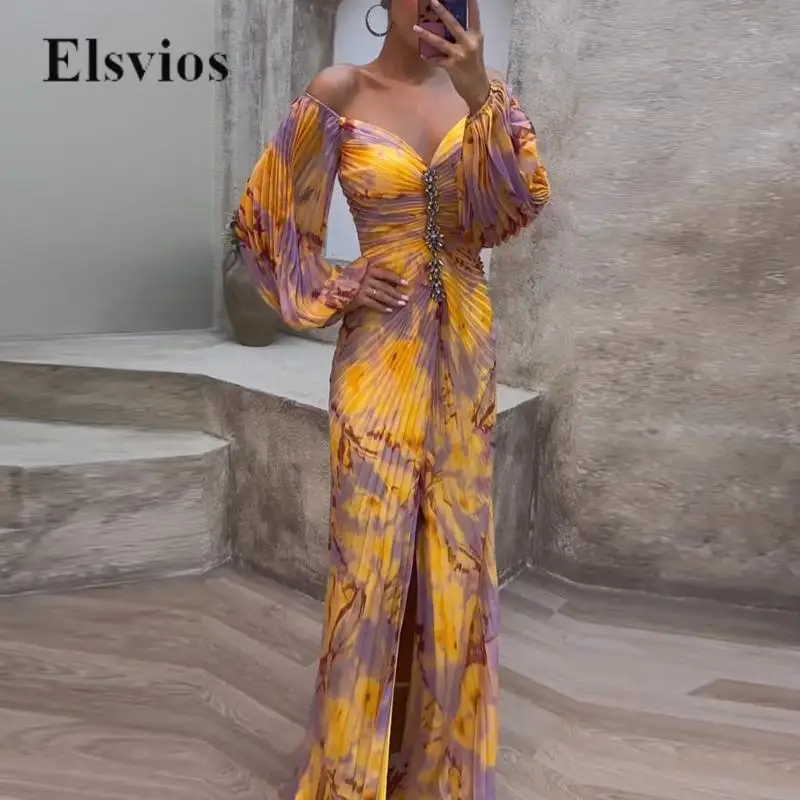 

Elegant Lantern Sleeve Maxi Party Dress Lady Sexy Off Shoulder Chiffon Pleat Split Dress Women Fashion Print V Neck Long Dresses