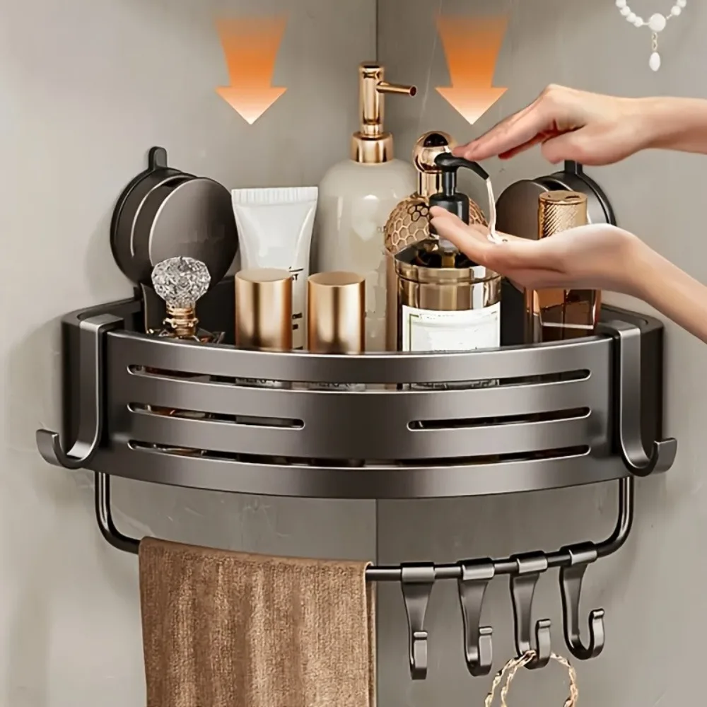 Triangular Space-Saving Suction Cup Bathroom Storage Shelf No Drilling Required Multifunctional Storage Organizer Hooks