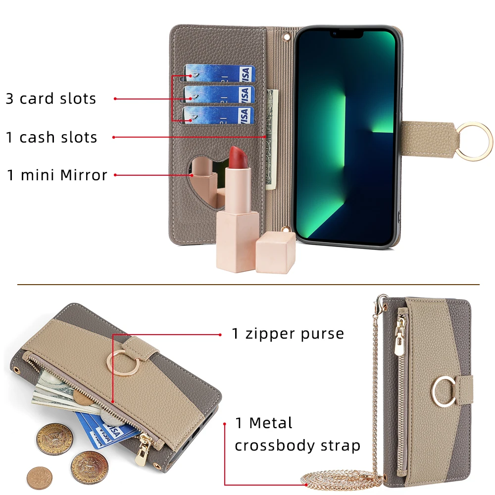 Elegant PU Leather Wallet Case with Mirror and Chain Card Holder